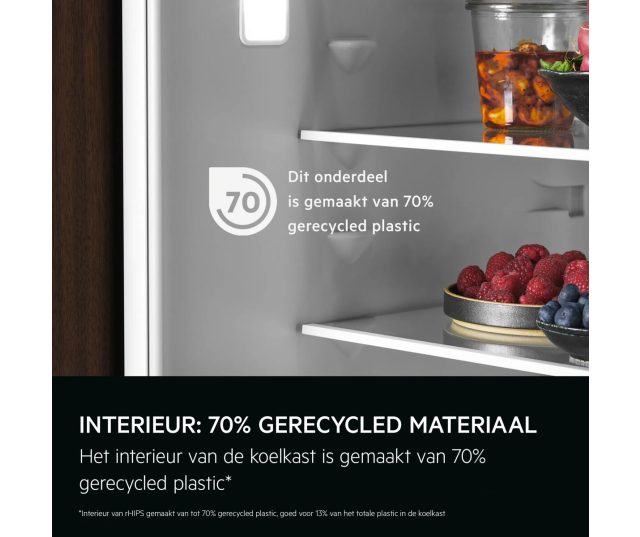 AEG TK7DS18XDC koelkast interieur detail groentela met recyclingsymbool 70 procent en berries in schaal