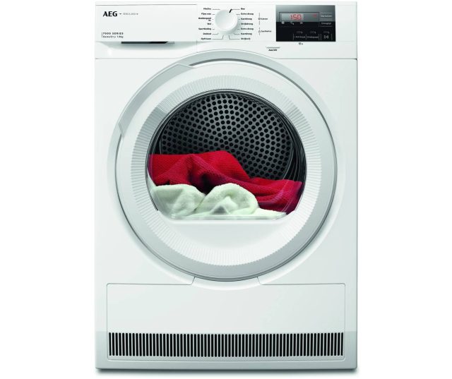 AEG TR72AACHEN SensiDry condensdroger volledige vooraanzicht met getekende trommel en wasgoedlading