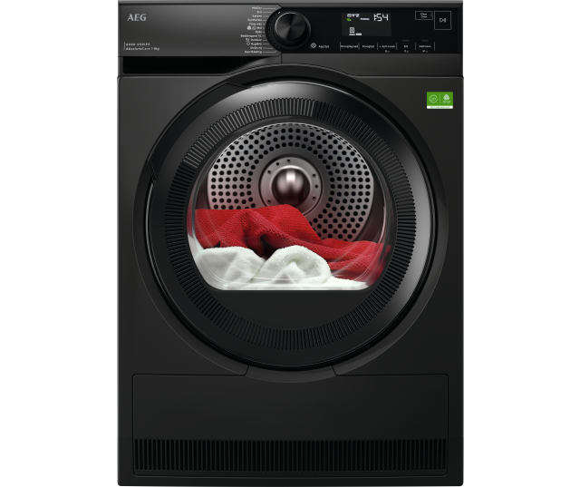 AEG TR868DS4 droger achterkant met trommelplaat, afvoerslang, condensslang en netkabel