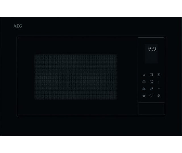 AEG TS5CM25TB inbouw combi-magnetron zwart, volledig vooraanzicht met AEG-logo, glazen deur en touchbediening rechts
