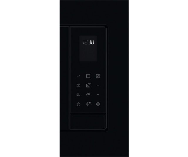 AEG TS5CM25TB inbouw combi-magnetron, vooraanzicht op witte achtergrond met AEG-logo linksboven en verlicht display 12:30
