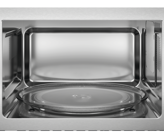 AEG TS5GM25EB inbouw magnetron met grill – interieur met meegeleverd metalen grillrooster op verhoogd statief boven het glasplateau