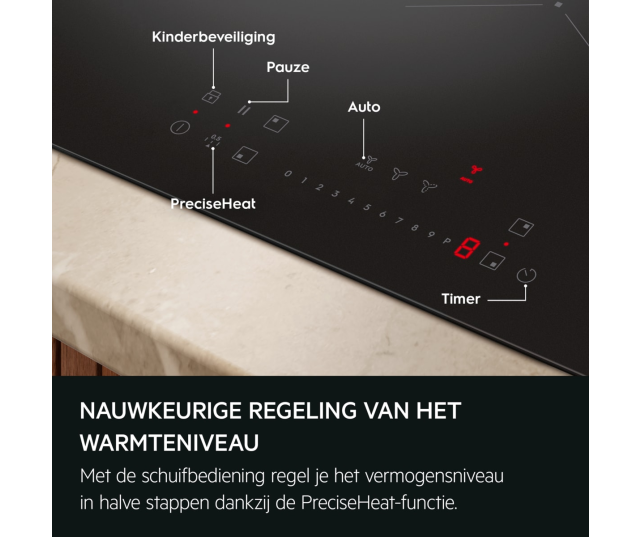 AEG TT84CB00CB inductiekookplaat met afzuiging close-up touchbediening met labels kinderbeveiliging, pauze, auto, PreciseHeat en timer