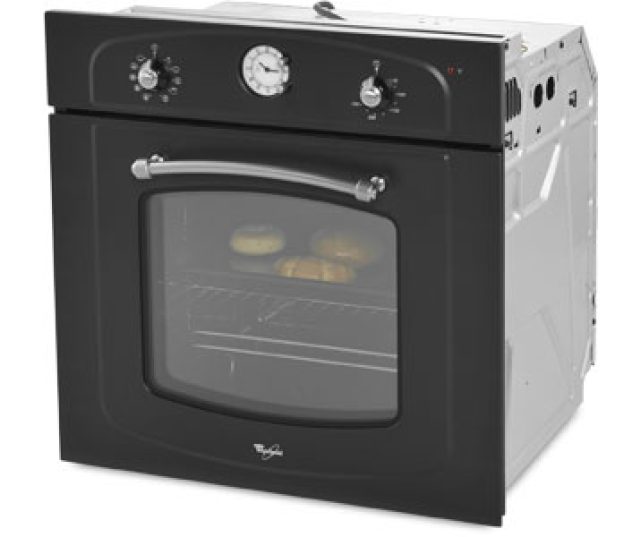 Het klassiek landelijke design van de Whirlpool AKP290NA wordt versterkt door de kleur antraciet, de ronde grepen en het analoge klokje