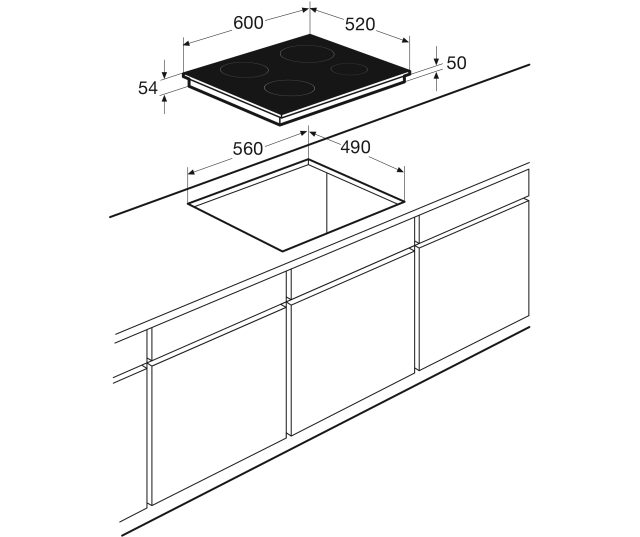 ATAG HI06471C inductiekookplaat inbouwschema met afmetingen en uitsnijding in keukenwerkblad