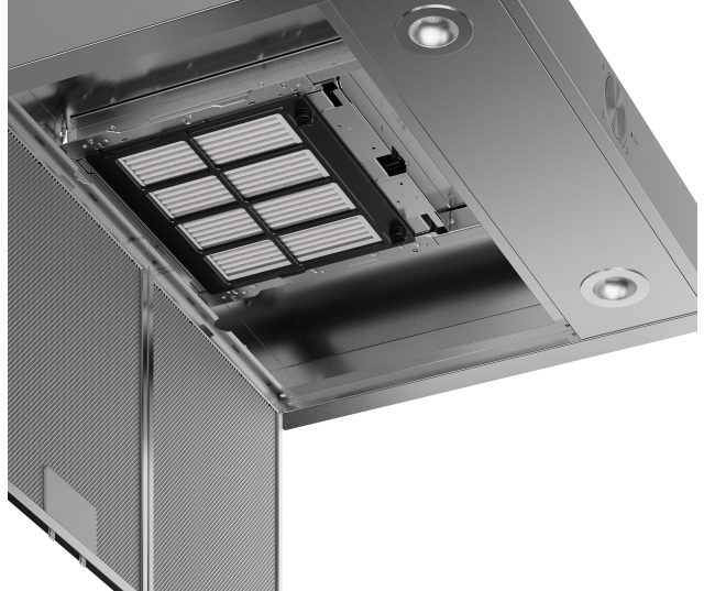 ATAG WS60211JM afzuigkap interieur opengeklapt met twee aluminium lamellen-filters getoond