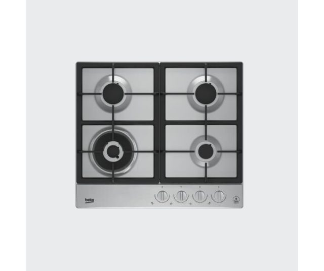 Beko HIAW64325SXNL gaskookplaat bovenaanzicht met vier branders en bedieningsknoppen, RVS en zwart design