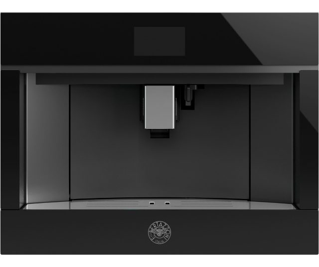 Bertazzoni 45 cm inbouw koffiemachine met TFT display, vooraanzicht gesloten met zwart front en logo