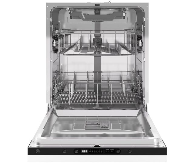 Bertazzoni 60cm geïntegreerde vaatwasser met geopende deur, zichtbaar interieur met manden en bedieningspaneel onderaan