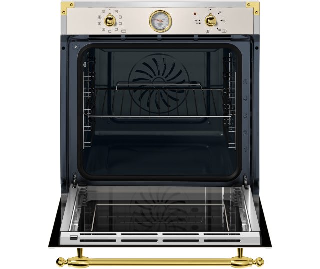 Bertazzoni F609HEREKTAG inbouwoven geopende deur met zicht op interieur, roosters, ventilator en bakplaat