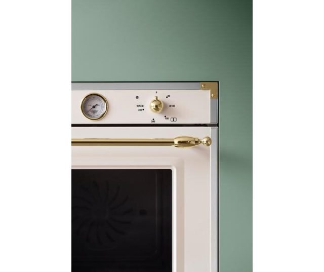Bertazzoni F609HEREKTAG detail bedieningspaneel met thermostaat, keuzeknop en functieknoppen op crème frontpaneel