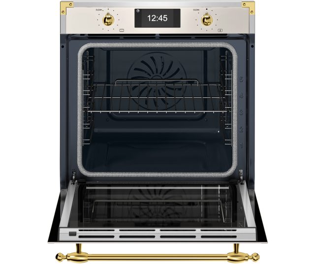 Bertazzoni FHER6117CTAG3 combi-stoomoven geopende deur met zicht op interieur, rooster en stoomrails aan binnenzijden