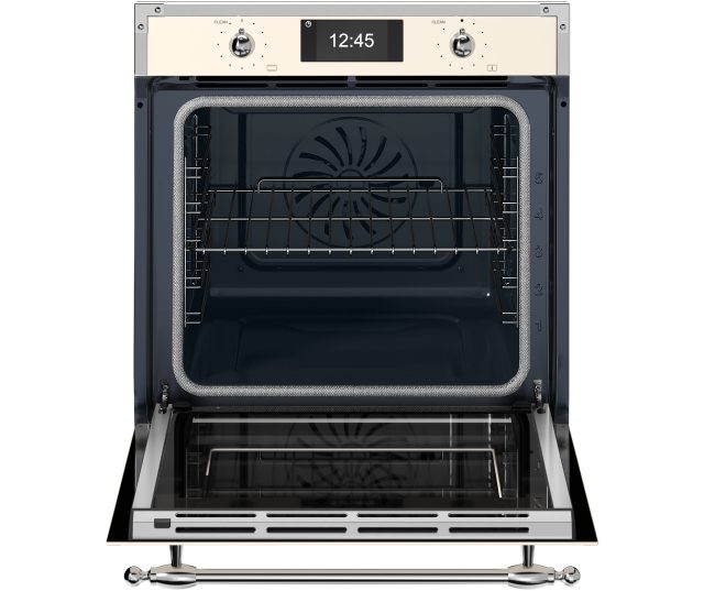 Bertazzoni FHER6117CTAX3 combi-stoomoven geopende deur met zicht op interieur, roosters en stoomverzamelaar