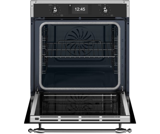 Bertazzoni FHER6117CTNX3 combi-stoomoven geopende deur met zicht op interieur, roosterkorf, stoomcirculatiesysteem en verwisselbare onderkant