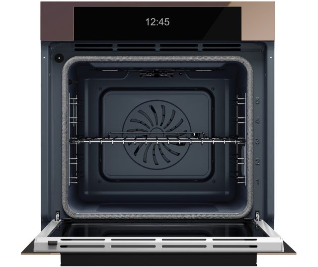 Bertazzoni FMOD6117PTM3 oven, geopende deur met zichtbaar interieur, rooster en ventilator