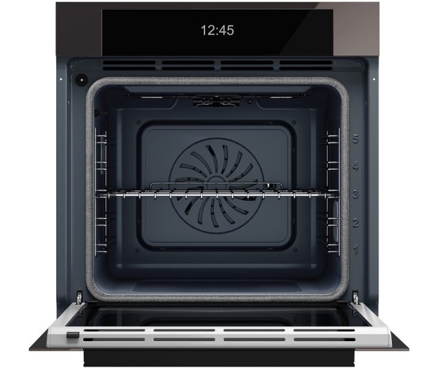 Bertazzoni FMOD6117PTS3 inbouwoven geopende deur met rooster, ventilator en interieur zichtbaar