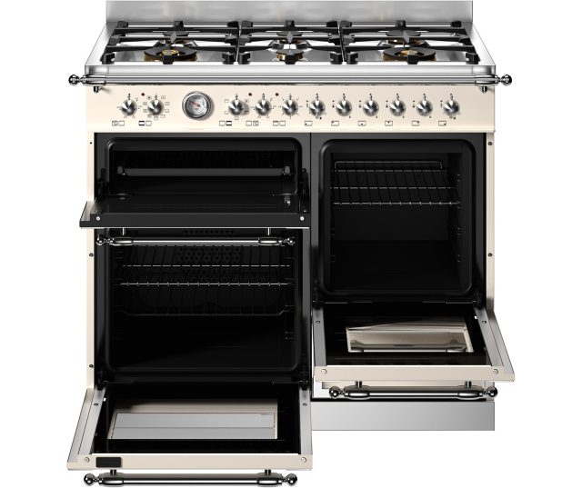 Bertazzoni HER106L2EAVT2 fornuis met geopende ovendeur links en uitschuifbare lade onderaan