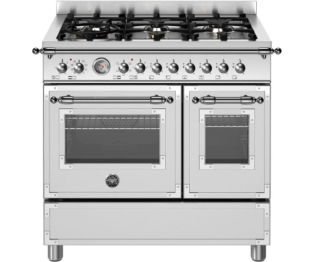 Bertazzoni HER96L2EXT2 fornuis vooraanzicht met gaskookplaat, bedieningsknoppen en twee ovens gesloten