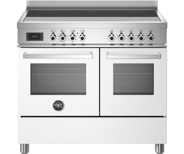 Bertazzoni PRO105I2EBIT2 fornuis vooraanzicht met inductiekookplaat, bedieningspaneel en twee ovens met ramen