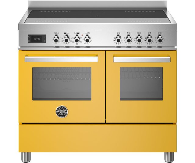 Bertazzoni PRO105I2EGIT2 fornuis vooraanzicht met gele deurkast, inductiekookplaat en bedieningspaneel