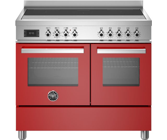 Bertazzoni PRO105I2EROT2 fornuis vooraanzicht met rood kasteel, stalen kookplaat en dubbele ovens