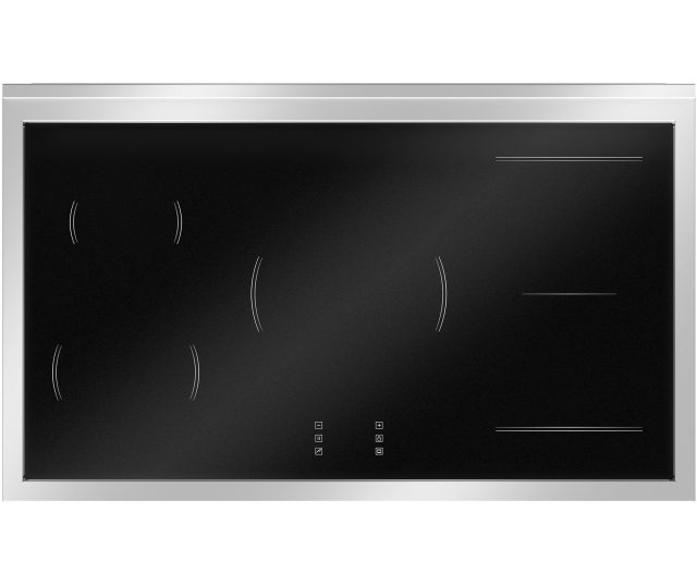 Inductiekookplaat bovenaanzicht met vijf inductiezones en touchbediening onderaan