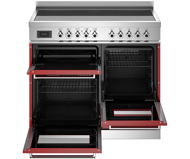 Bertazzoni PRO105I3EROT2 fornuis met geopende ovens en lade, interieur met roosters zichtbaar