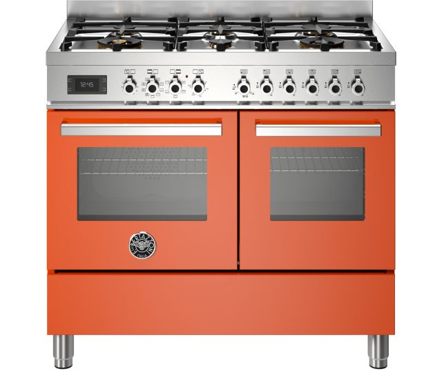 Bertazzoni PRO106L2EART2 fornuis vooraanzicht met zes gasbranders, bedieningspaneel en twee oranje ovens