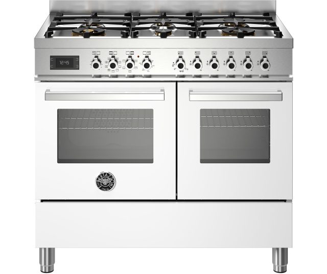 Bertazzoni PRO106L2EBIT2 fornuis vooraanzicht, wit met dubbele oven en zes gasbrandersop het kookblad