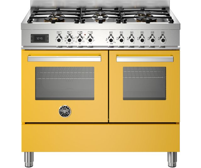 Bertazzoni PRO106L2EGIT2 fornuis vooraanzicht met gele kasten, zes gasbranders en twee ovens