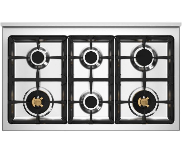 Bertazzoni PRO106L2EGIT2 gastafelblad bovenaanzicht met zes branders en gouden bedieningsknopen