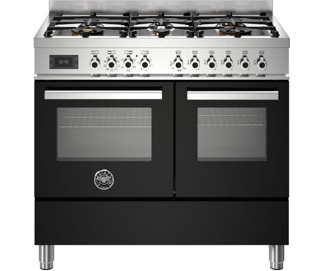 Bertazzoni PRO106L2ENET2 fornuis vooraanzicht met gasfornuis, bedieningspaneel en twee ovens