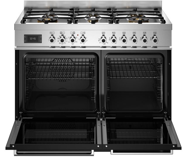 Bertazzoni PRO106L2ENET2 fornuis met geopende ovendeur en grill