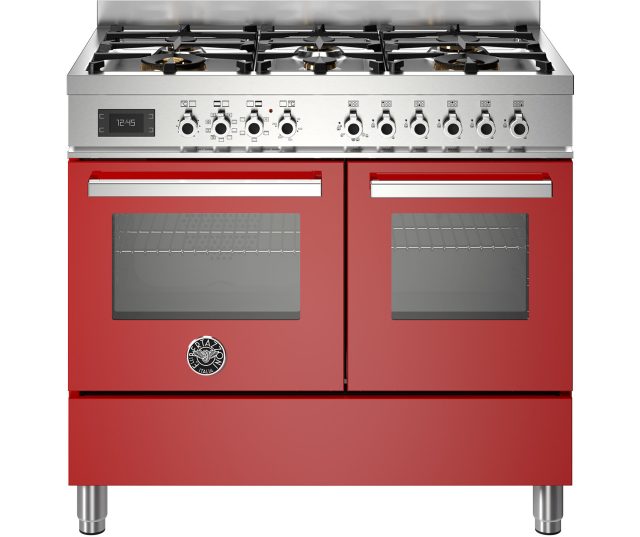 Bertazzoni PRO106L2EROT2 fornuis vooraanzicht met rood front, dubbele ovens en zescilinder gasfornuis bovenop