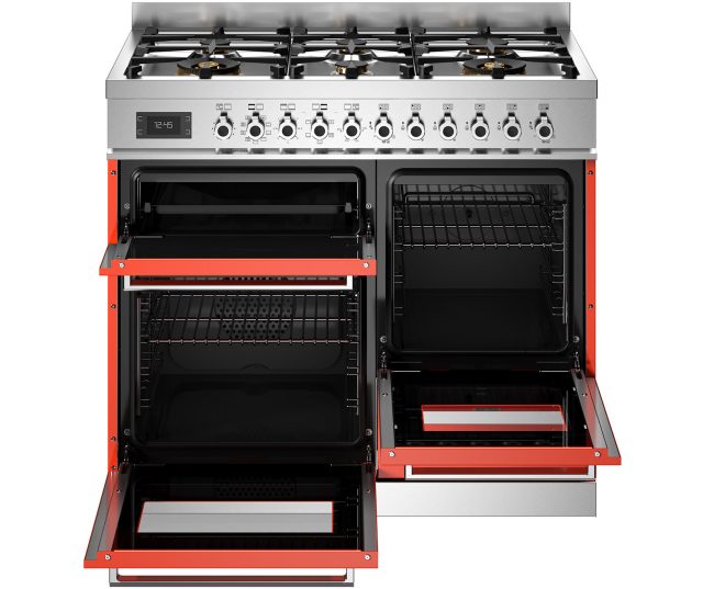 Bertazzoni PRO106L3EART2 fornuis met geopende ovens en lade, interieur zichtbaar