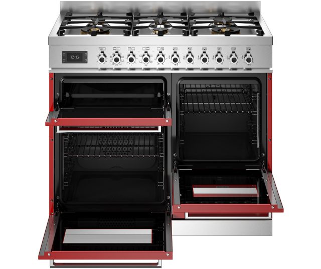 Bertazzoni PRO106L3EROT2 fornuis met geopende ovendeuren en uitschuifbare lade, interieur ovens zichtbaar