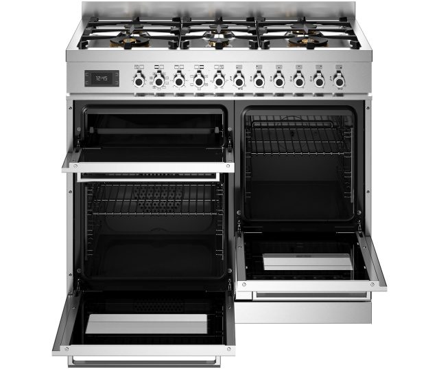 Bertazzoni PRO106L3EXT2 fornuis met geopende ovendeure en uittrekbare lade