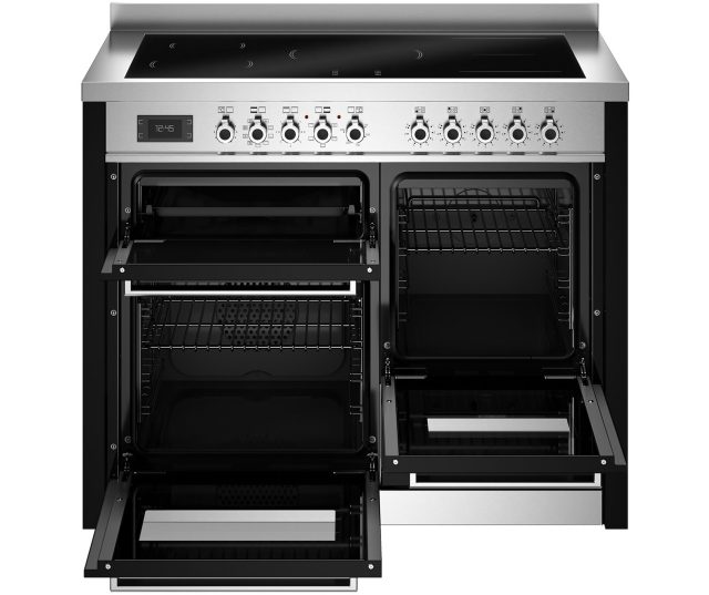 Bertazzoni PRO115I3ENET2 fornuis met beide ovens en laden geopend