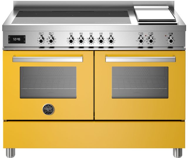 Bertazzoni PRO125I2EGIT2 fornuis geel, vooraanzicht met inductiekookplaat, twee ovens en bedieningsknoppen