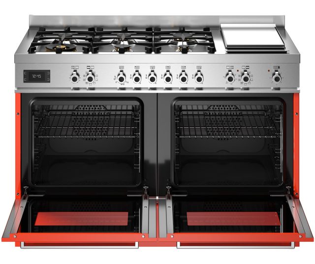Bertazzoni PRO126G2EART2 fornuis met geopende ovendeur, zichtbare grillen en rode handgrepen