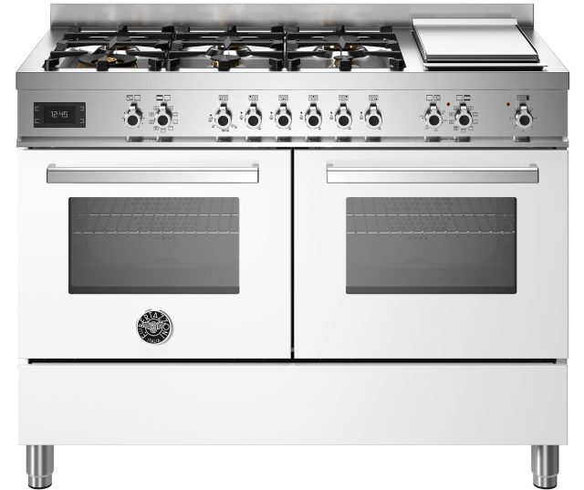 Bertazzoni PRO126G2EBIT2 fornuis vooraanzicht met twee ovens, gasfornuis en grillplaat, wit met rvs bovenkant