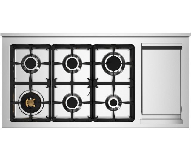Gasfornuis bovenkant Bertazzoni PRO126G2EBIT2 met zes gasbranders en grillplaat