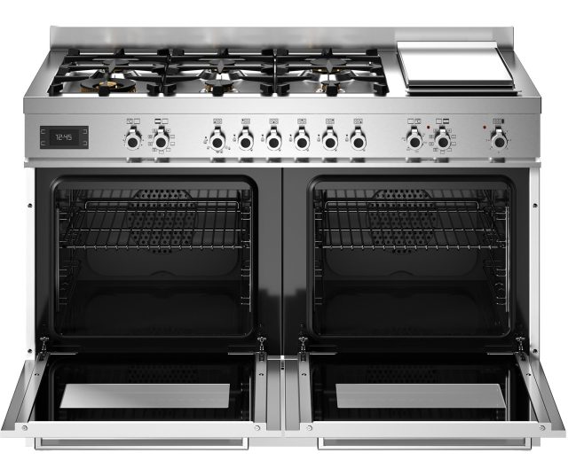 Bertazzoni PRO126G2EBIT2 fornuis geopende ovendeur met grillrooster en twee lade-onderkast