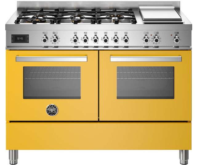 Bertazzoni PRO126G2EGIT2 fornuis vooraanzicht, geel met twee ovens en zes gasbrandersblad met grill rechts