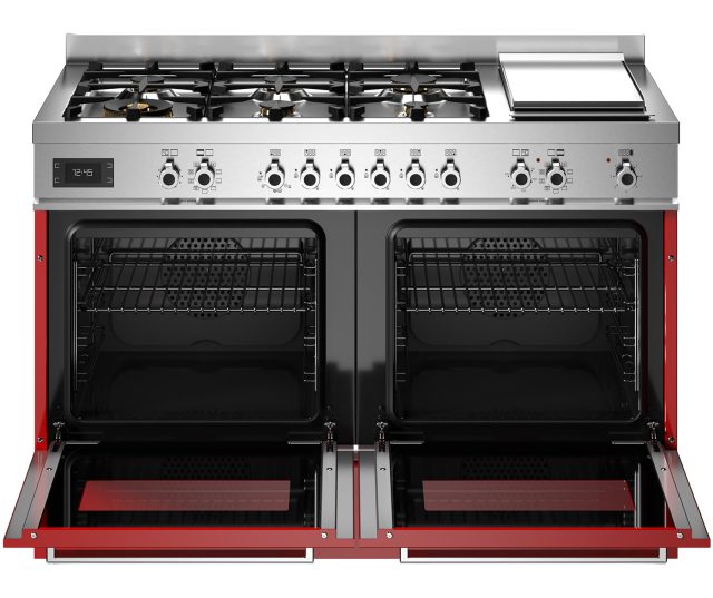 Bertazzoni PRO126G2EROT2 met geopende ovendeurentoonde twee zwarte ovenkasten met roosterlagen