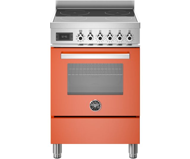 Bertazzoni PRO64I1EART2 fornuis vooraanzicht, oranje onderkast met roestvrijstalen kookplaat en bedieningspaneel