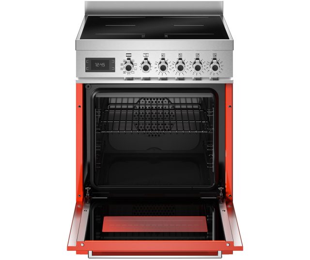 Bertazzoni PRO64I1EART2 fornuis met geopende ovendeur, interieur met rooster en uitgetrokken lade zichtbaar