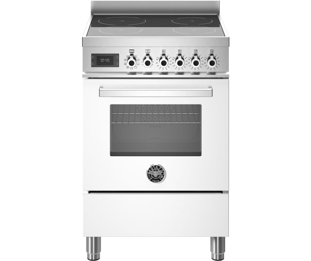 Bertazzoni PRO64I1EBIT2 fornuis vooraanzicht met inductiekookplaat, bedieningspaneel en witte oven met raam