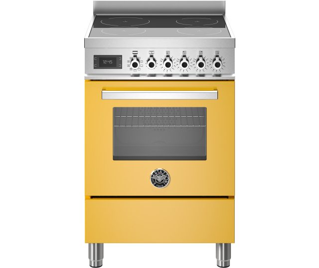 Bertazzoni PRO64I1EGIT2 fornuis vooraanzicht met geel kastdeuren, inductiekookplaat bovenin en bedieningsknoppen