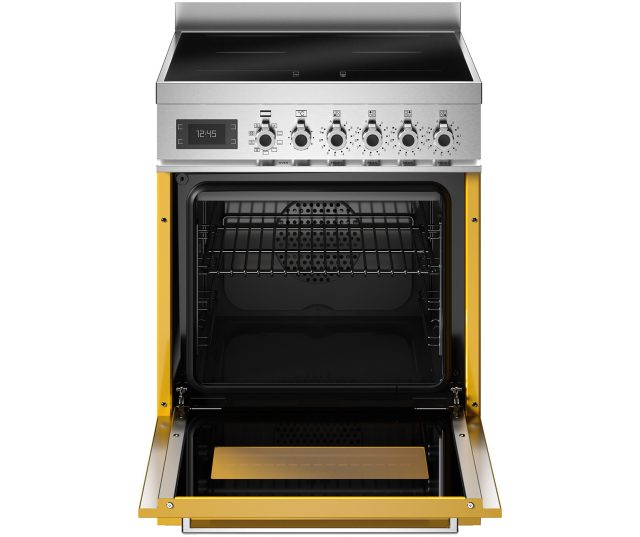 Bertazzoni PRO64I1EGIT2 fornuis met geopende ovendeur en lade, interieur met rooster zichtbaar